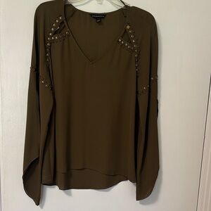 Vince Camuto Olive Green Studded V-Neck Blouse